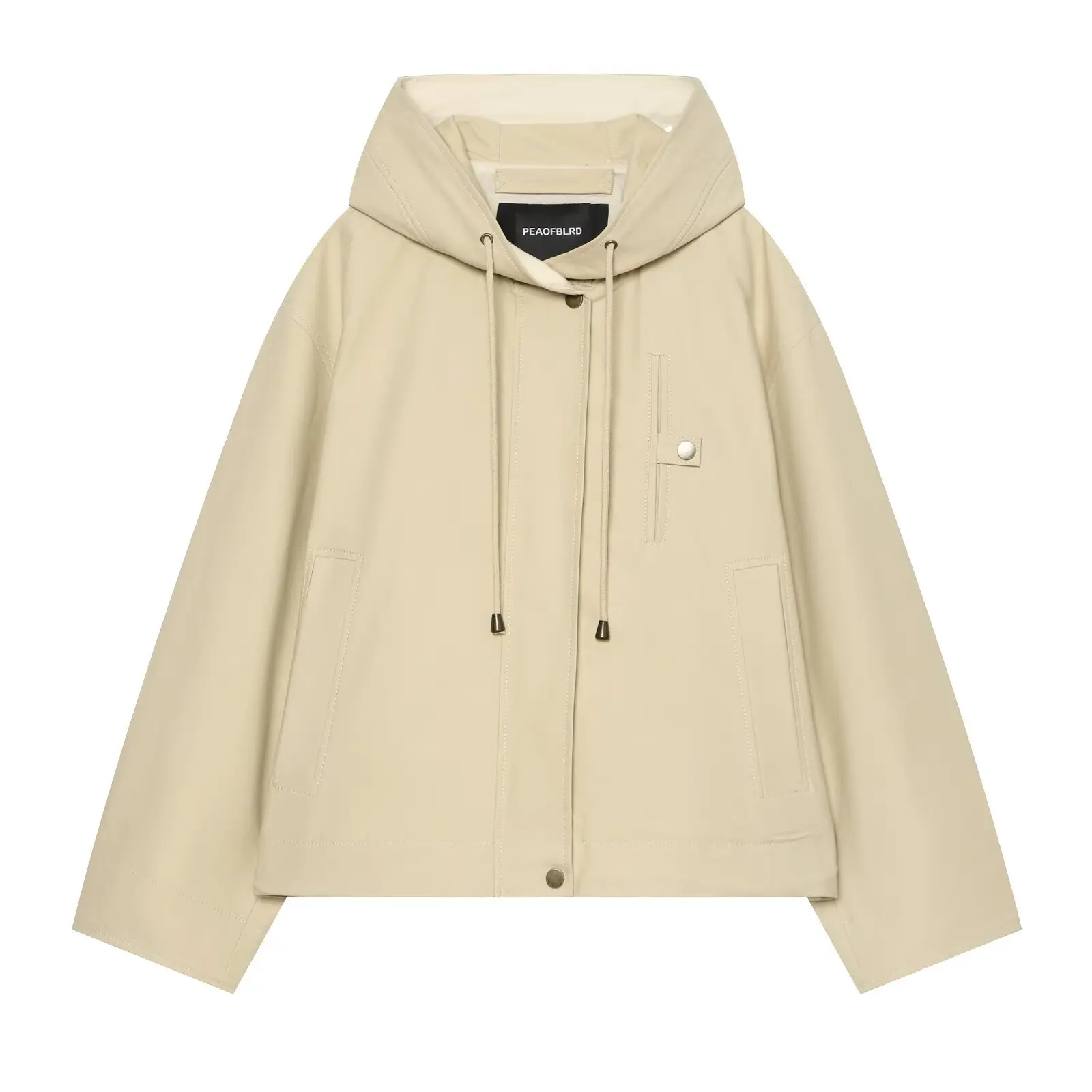 DUOPERI Women Khaki Drawstring Hooded Short Parka Drop Shoulder Long Sleeve Female Chic Lady Casual Outerwear