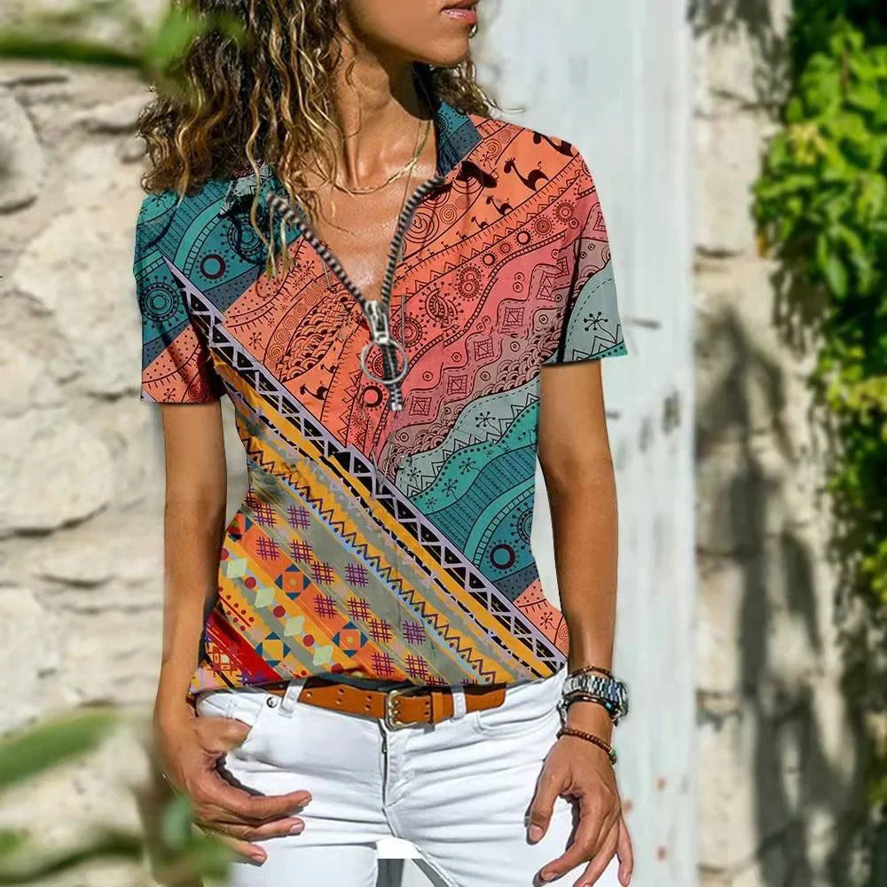 Vintage Indie Folk Women Print T Shirt Casual Short Sleeve V-Neck Zipper Loose T Shirt Bohemian 2022 Summer Tops Female Pullover