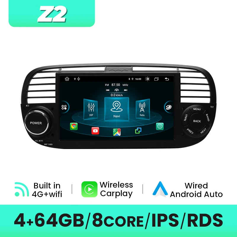 2Din Android Autoradio Voor FIAT 500 2007-2015 - GPS Navigatie 4G Wifi Draadloze CarPlay Android Auto Plug & Play