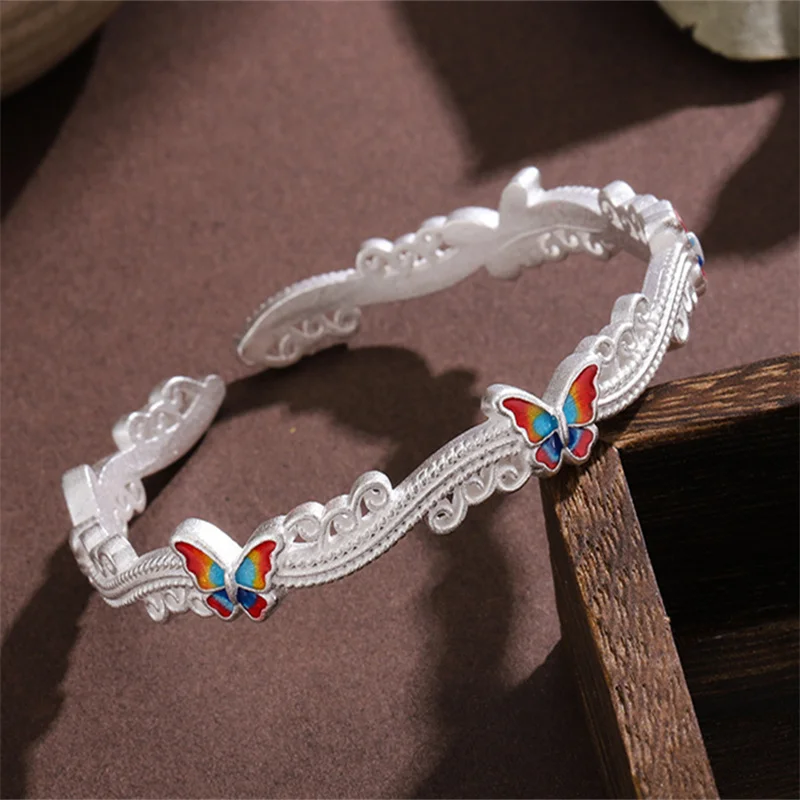 Elegant Ladies 999 Fine Silver Hollow Filigree Open Bangle Handmade Color Cloisonne Enamel Butterfly Carving Retro Chinese Daily