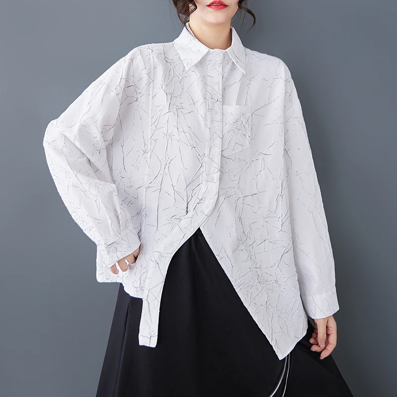 Spring 2025 Loose Large Size Slimming Design Faionable irt Top Pleated Asymmetrical Versatile Sli Women's  Collar...