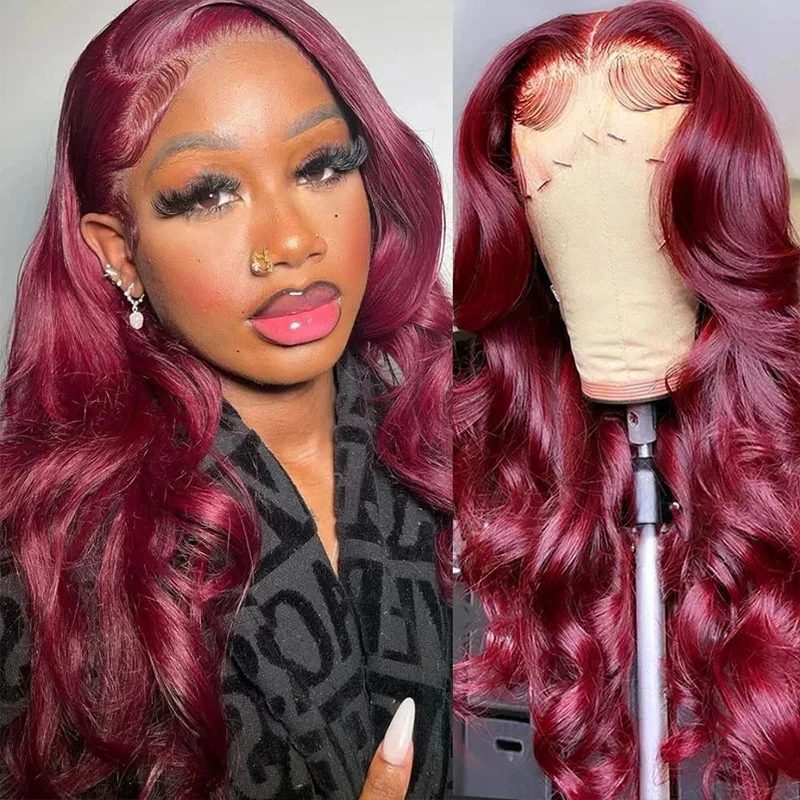 

#99J Body Wave Colored Human Hair Wig 13*4 Lace Frontal Wigs Transparent Pre Plucked 4*4 Lace Wig Red Burgundy Wigs 32inch