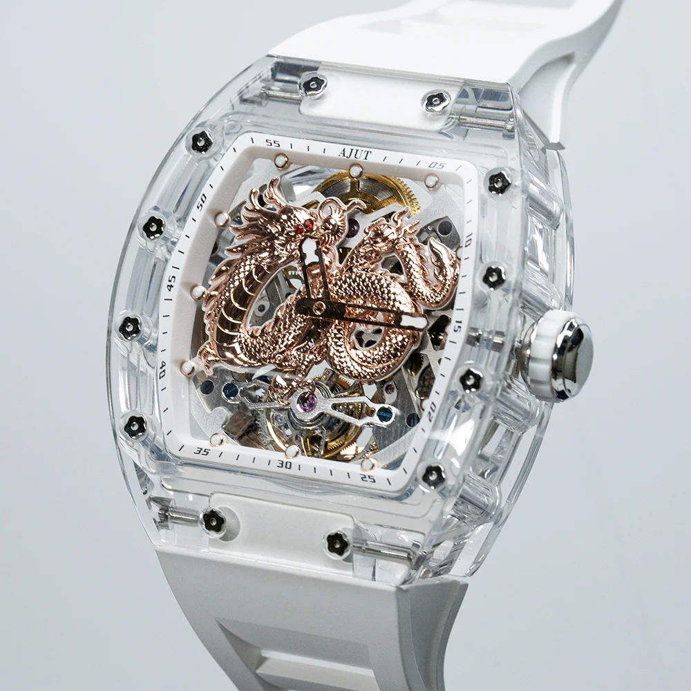 AJUT Crystal Automatic Tourbillon Movement Men Watch Dragon Dial Transparent Flying Tourbillon Mechanical Watches For Man 0571