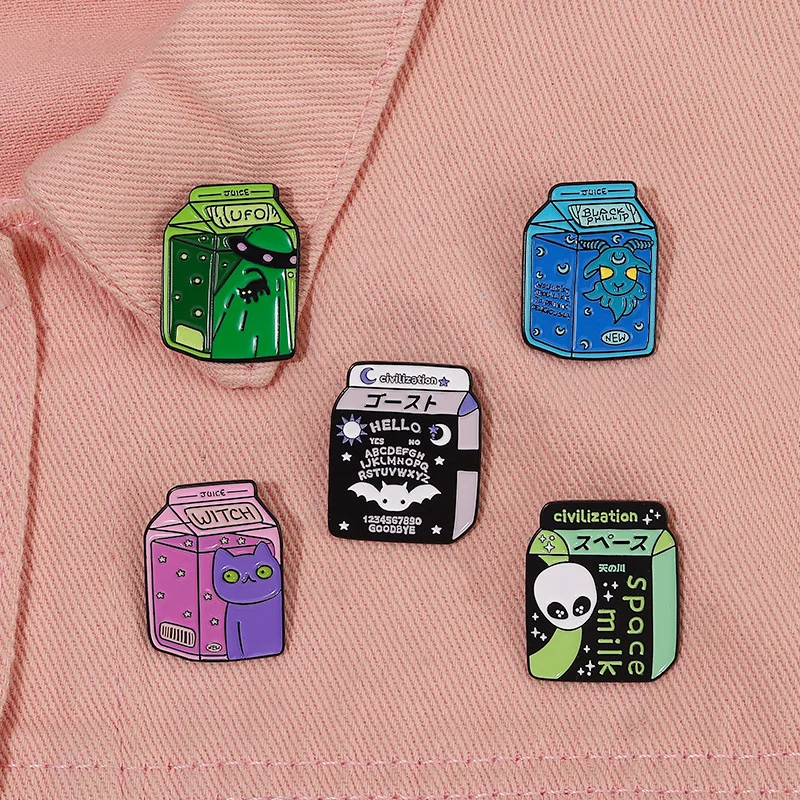 Space Milk Enamel Pin Custom Alien Witch Cat Bat Satan Brooch Lapel Badge Universe Drink Jewelry Gift for Kids Friends