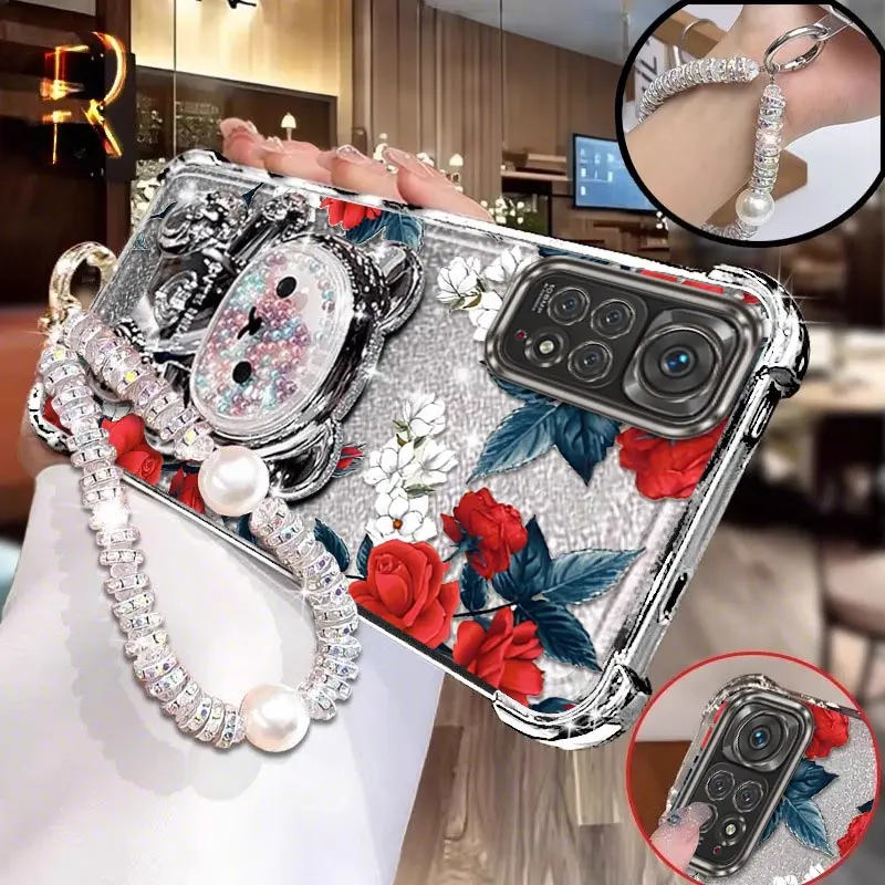 

Note 11 Pro Браслет с красным цветком и чехлом-держателем для телефона Xiaomi Redmi Note 11 11EPro 10 10S 11S 10Pro 10T 10X 9T 9S 9 Cover