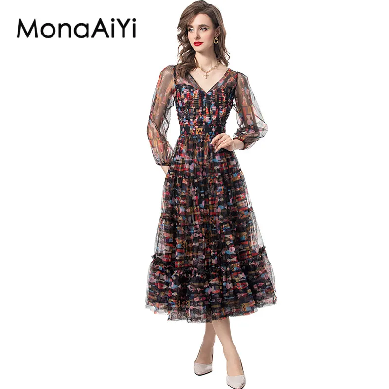 

MonaAiYi Spring Summer Women's Floral Dress V-Neck Lantern sleeve Mesh Print Folds Bohemian Holiday Party Dresses
