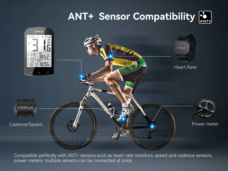 CYCPLUS M1+Z1 Cycling GPS Wireless Bike Computer With BLE 5.0/ANT+ with 2.9" LCD Screen Auto Backlight IPX6 Waterproof