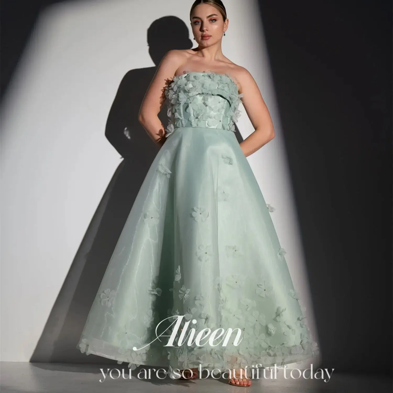 Aileen 3D Flowers Satin Green Customized Luxurious Women's Evening Dresses Women Elegant Party Dress Robe Soiree De Luxe 2024