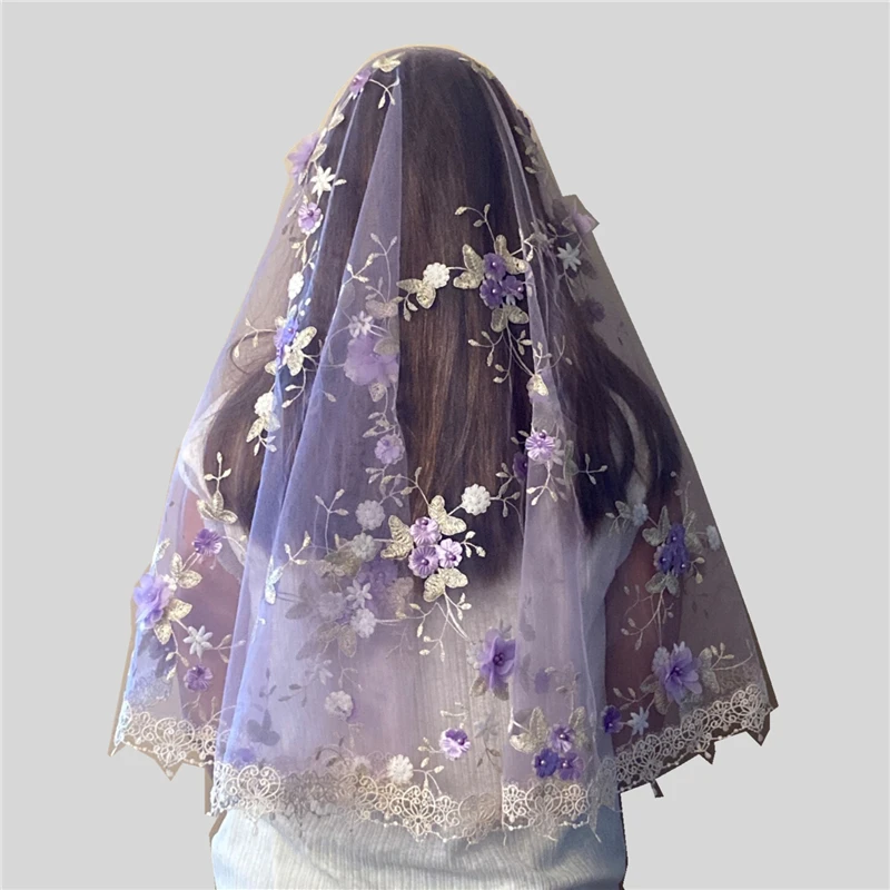 Triangle 3D Floral Mantilla Mass Church Veils Catholic Lilac Purple White Lace Trim Pearls Beaded Flowers D Shape Blue Red Ivory