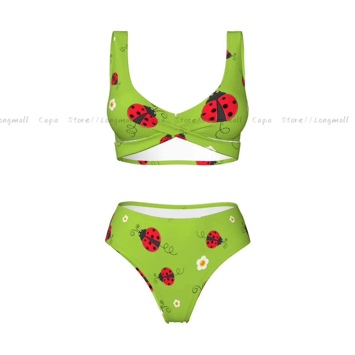 Conjunto de Bikini con cuello en V para mujer, traje de baño con fondo de mariquita y mariquita, traje de baño para playa de 2 piezas, verano