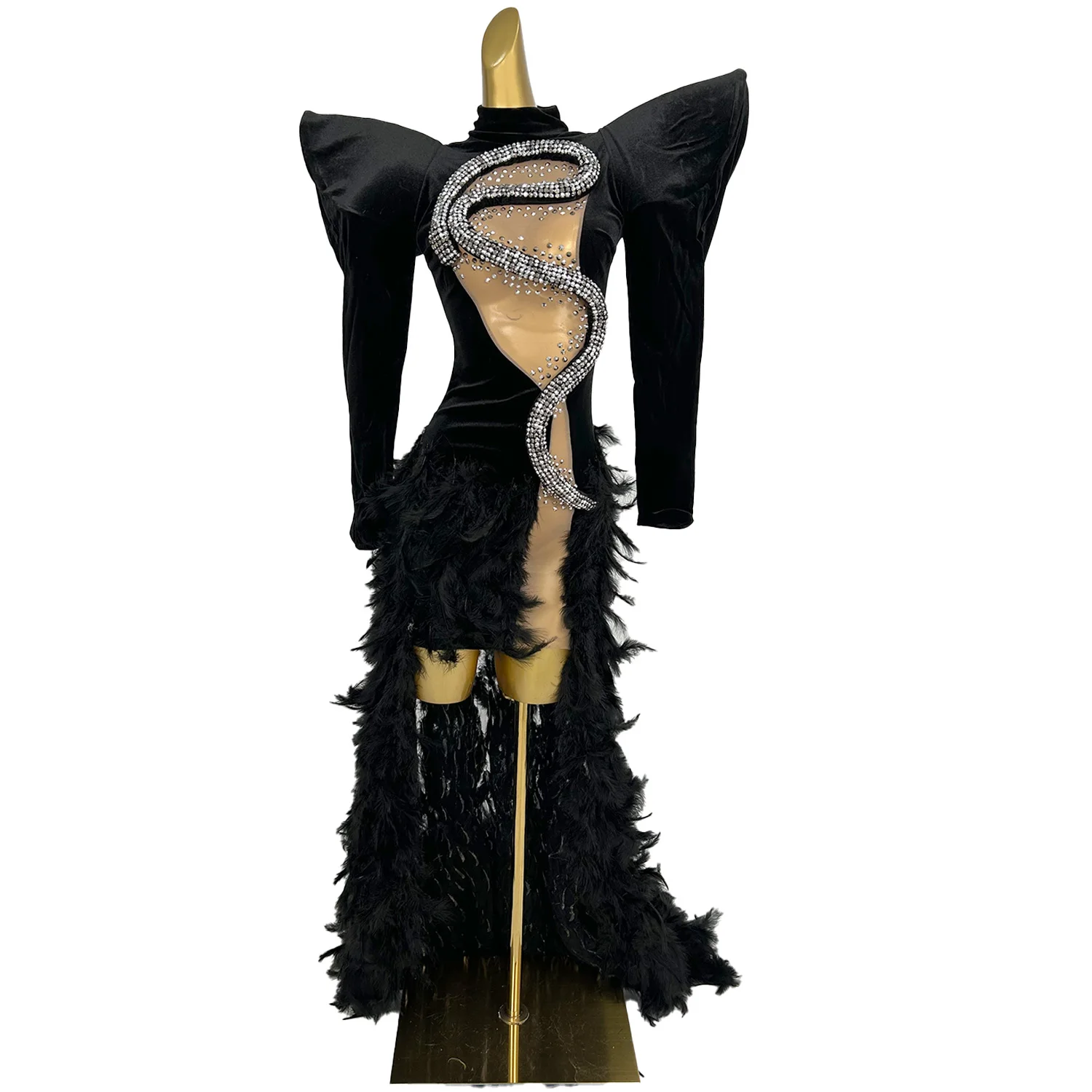 Luxury Fashion Costume Black Feather Tail Diamond Snake Cutout Dresses Women Goth Clothing Celebrate Red Carpet Outfit Shelifu