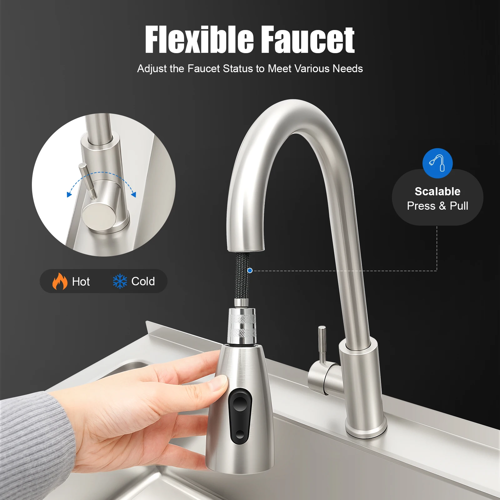 حوض مطبخ فضي من الفولاذ المقاوم للصدأ (سهل التركيب والتنظيف) صنبور محفور مسبقًا/فتحات صرف وتركيب سريع، تصميم على شكل حرف R