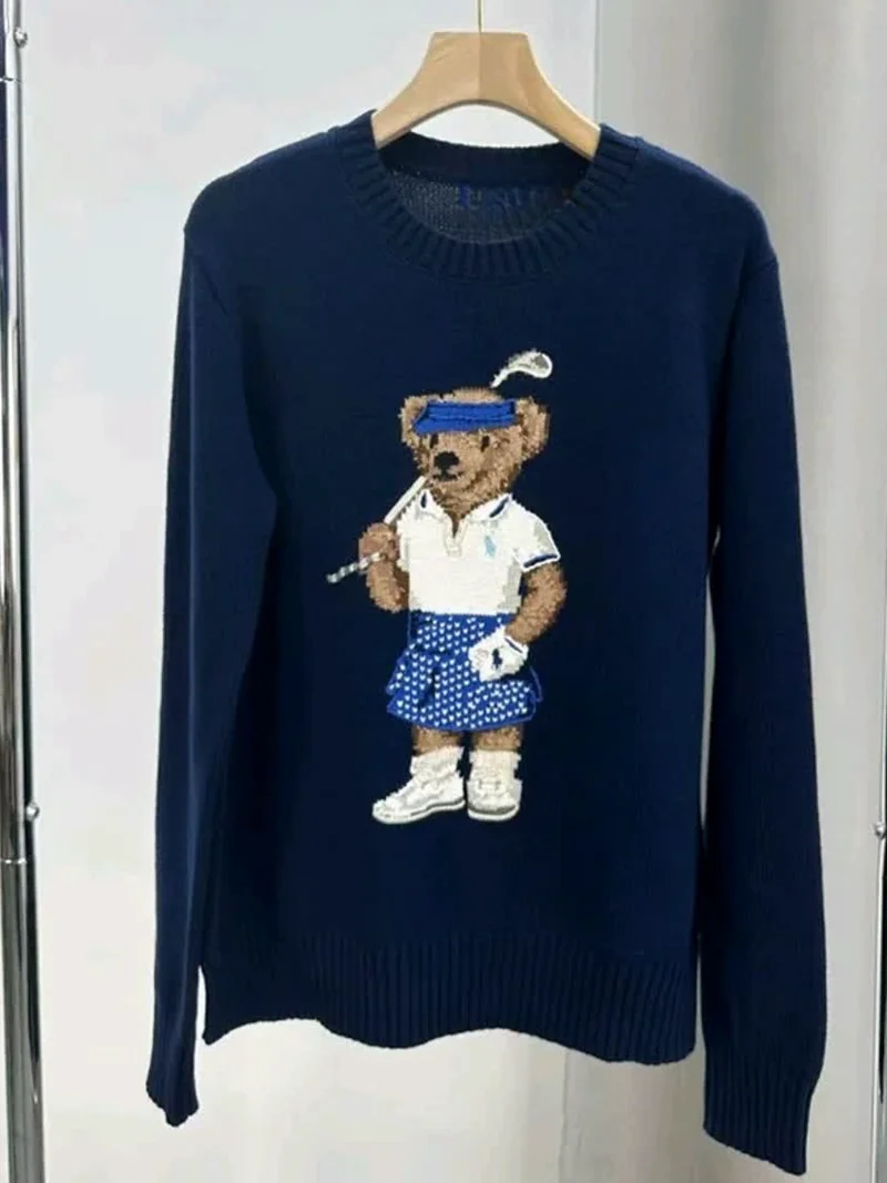 

Sweater Unisex 2024 Autumn/Winter Golf Bear Pattern Casual Warm Deep Blue Pure Cotton Warm Coat Sportswear Jacket