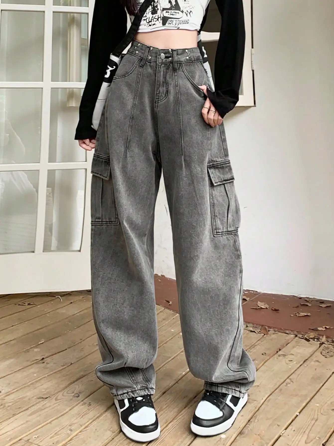 American Retro High Street Multi-Flap Pocket Pants Jeans 2024 New Women's Autum Small Pear-Shaped Figure Wide-Leg Pants