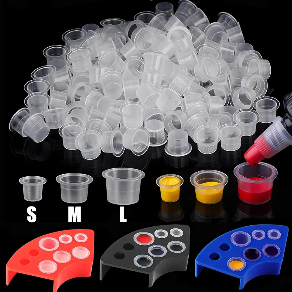 

903/100 шт. одноразовые чашки с чернилами для татуировки S/M/L с пластиковым держателем для чернил, крышки контейнеров для пигментов, микроблейдинг, перманентный макияж