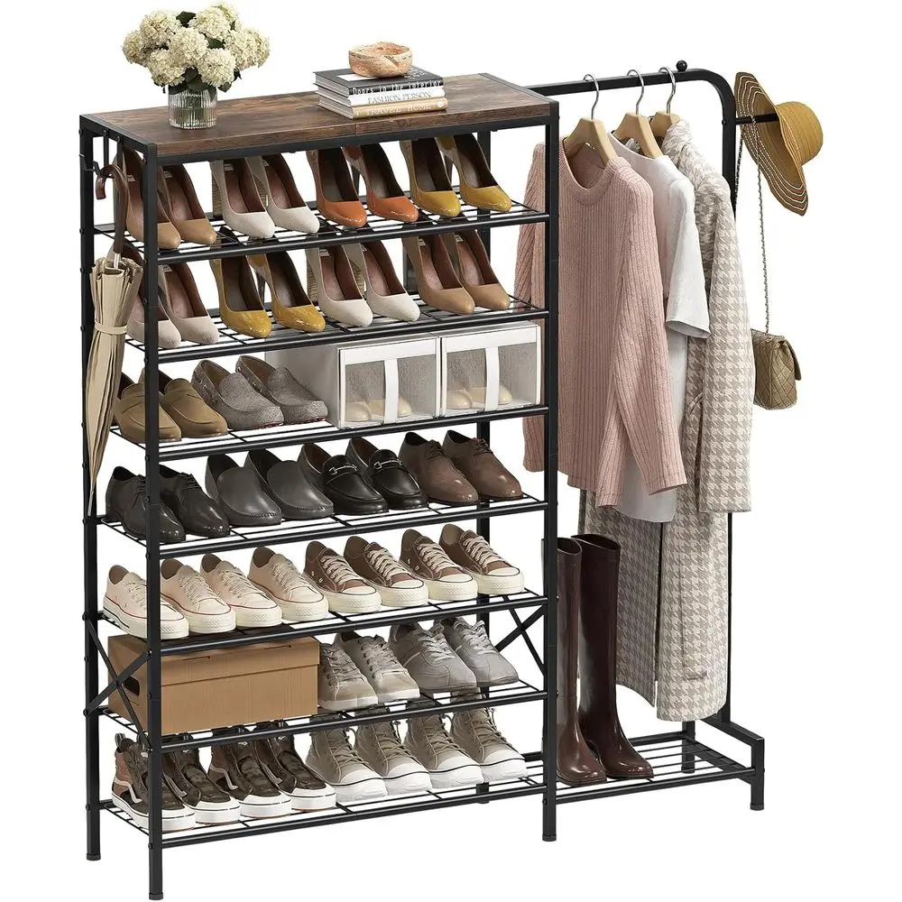 

8-ярусный высокий органайзер для обуви с крючками, деревянной верхней полкой, металлической вешалкой для одежды, в деревенском стиле, коричневый и черный