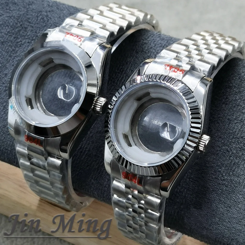 31 mm silbernes Edelstahl-Uhrengehäuse mit Armband, runde, polierte, geriffelte Lünette, Saphirglas, vergrößert, passend für NH05 NH06 Uhrwerk