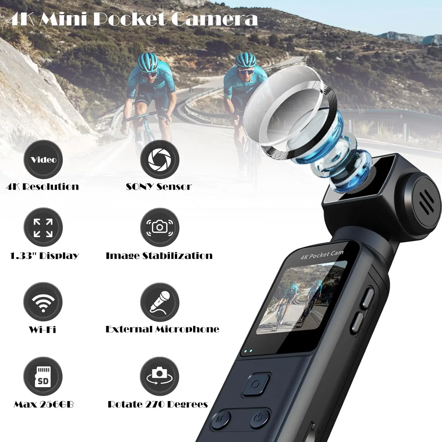 4K Ultra HD Pocket Action Camera 270° Rotatable Vlog Wifi Mini Sports Cam Waterproof Case Helmet Travel Bicycle Driver Recorder