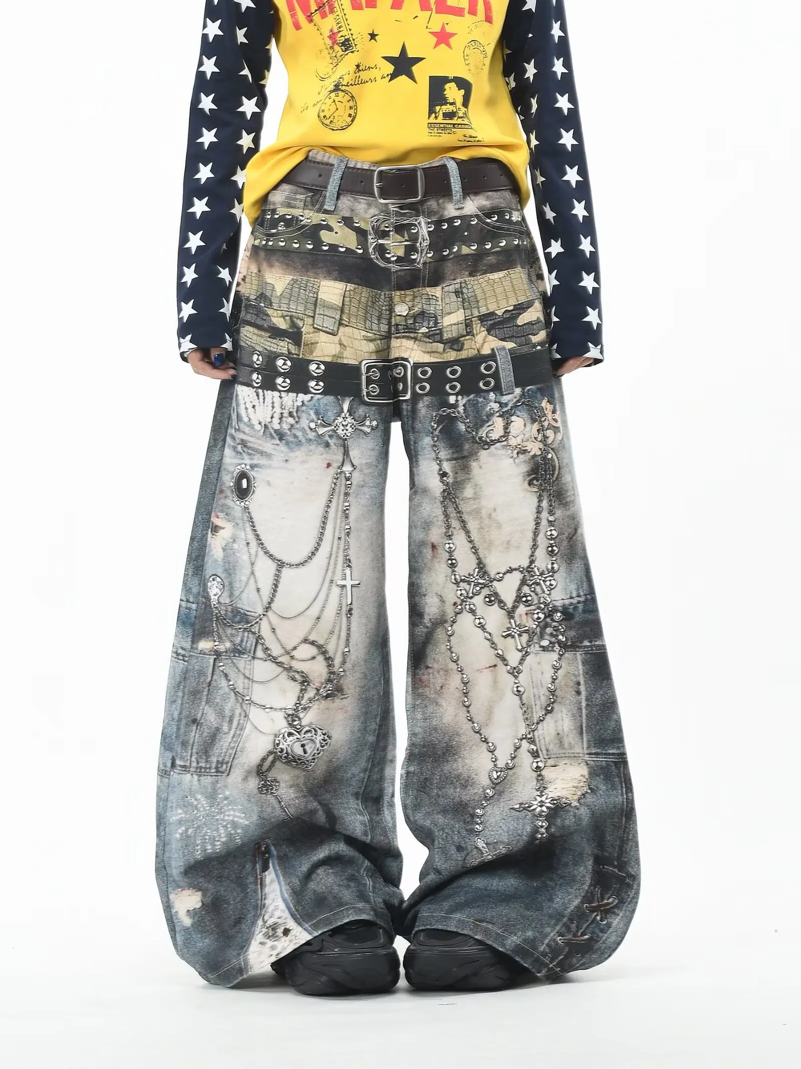 American y2k JeansHigh‑Street 3D Digital Chain Print Jeans Lady Vintage Washed Unique Wide Leg Hip‑hop Denim Long Trousers