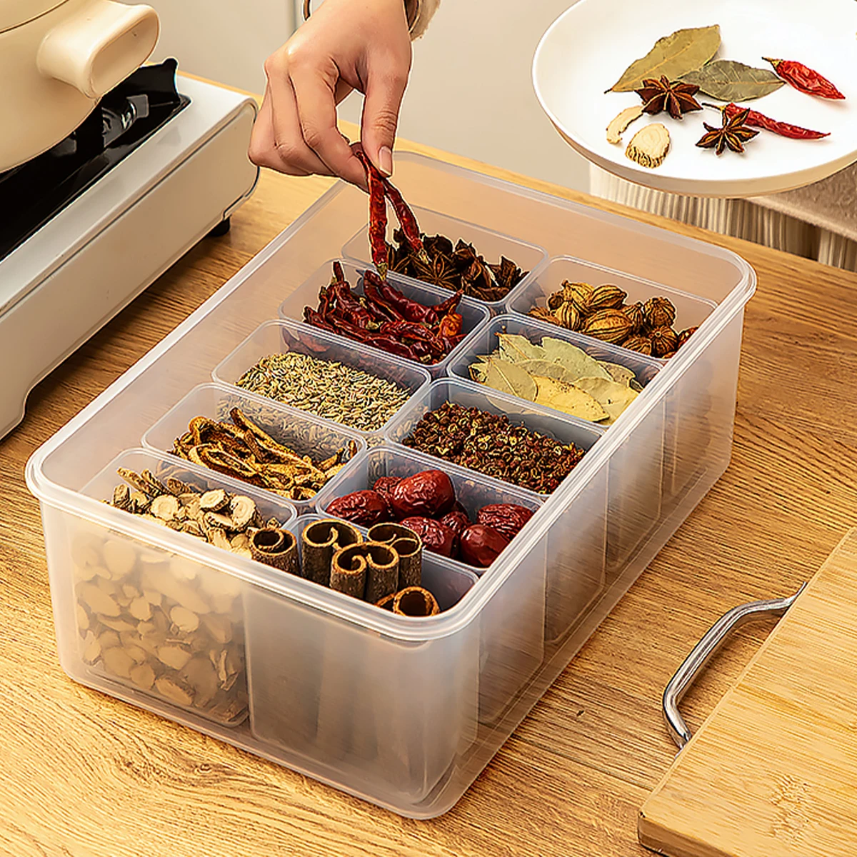 WORTHBUY Large Capacity Divided Storage Box With Lid Portable Organizer Box For Spice Transparent Fresh-Keeping Box With Handle