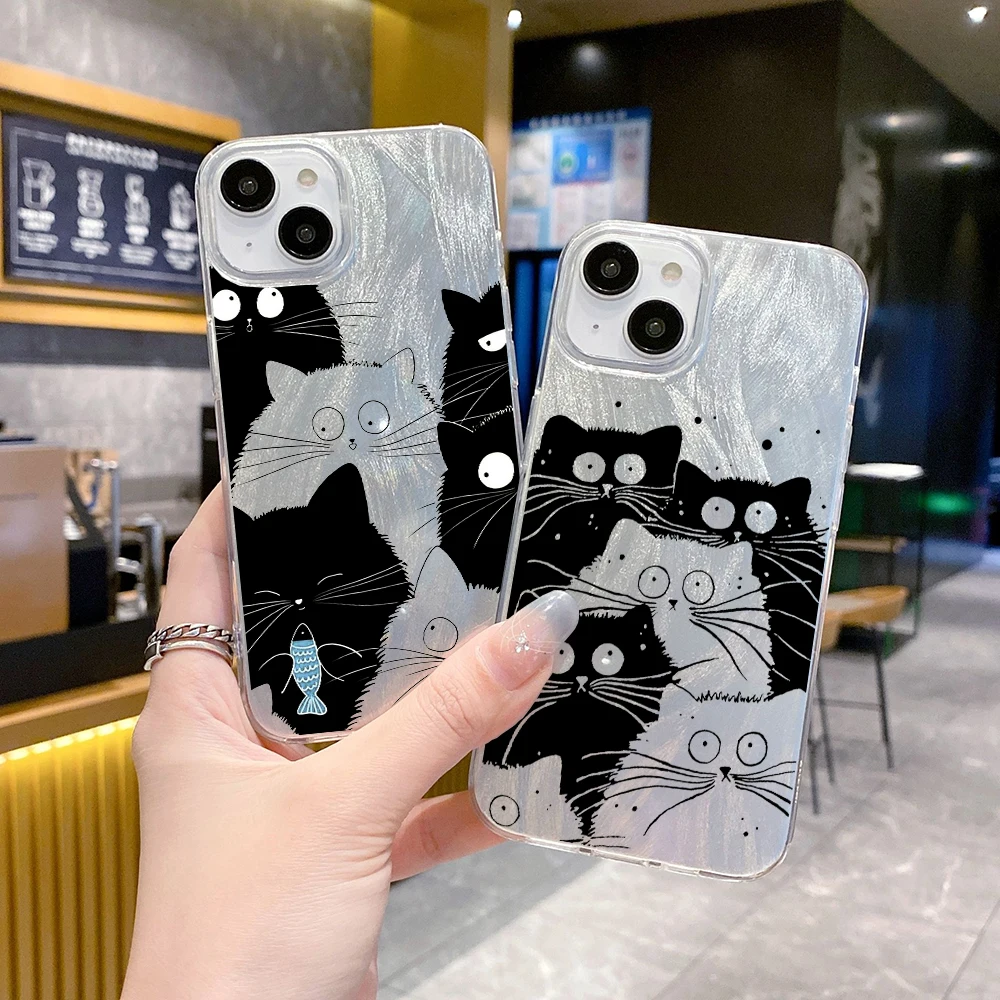 Art Black Cartoon Cat Funny Clear Feather Laser Phone Case FOR VIVO Y12 Y11 Y10 Y5 Y3 Y2 Y01 T A S1 V25 V21E V29 E LITE S 5G