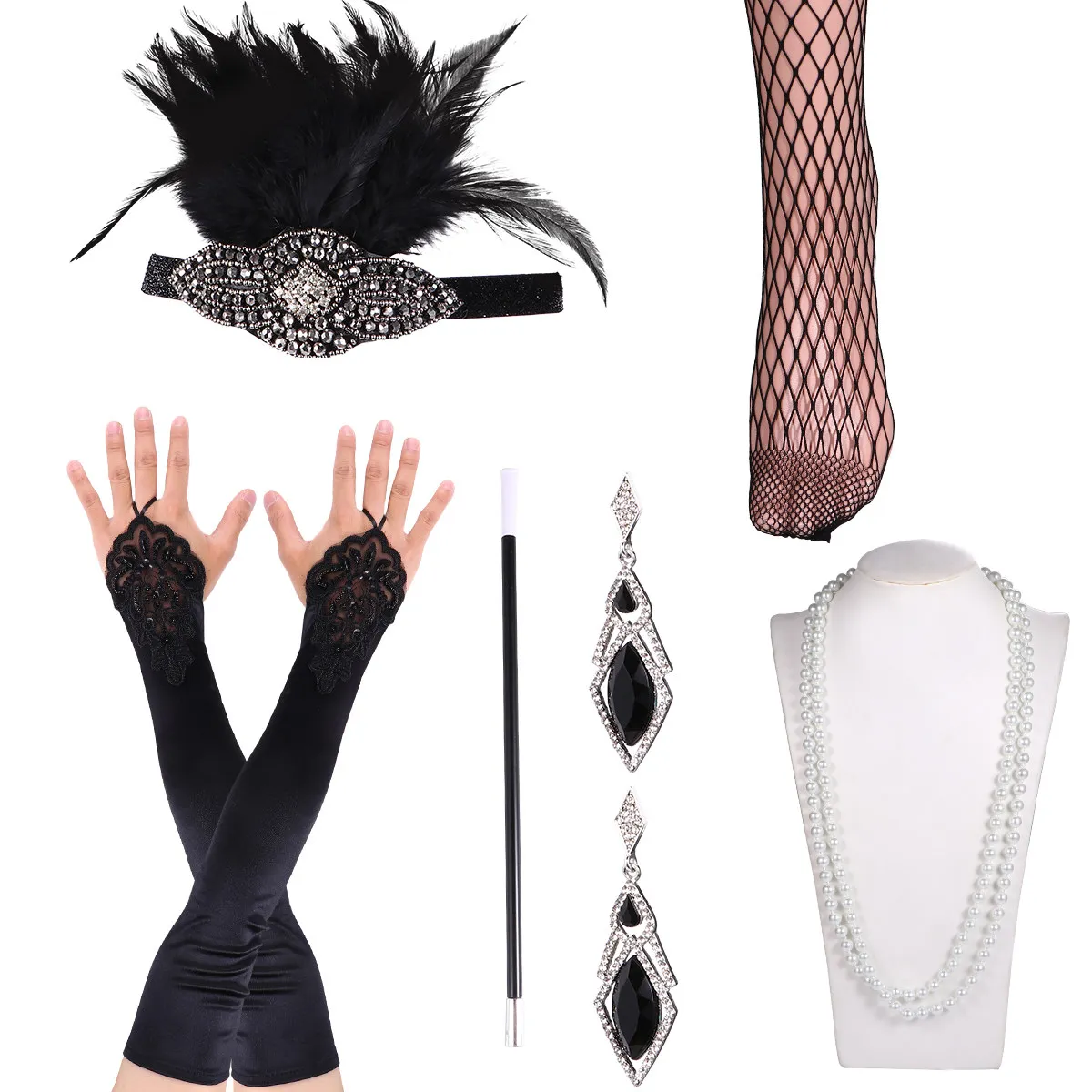 ชุดเครื่องแต่งกายสไตล์วินเทจยุค 1920 จำนวน 6 ชิ้น ประกอบด้วยที่คาดผม สร้อยคอ ถุงมือ ที่ใส่บุหรี่ สำหรับงานแต่งงานหรืองานพรอม