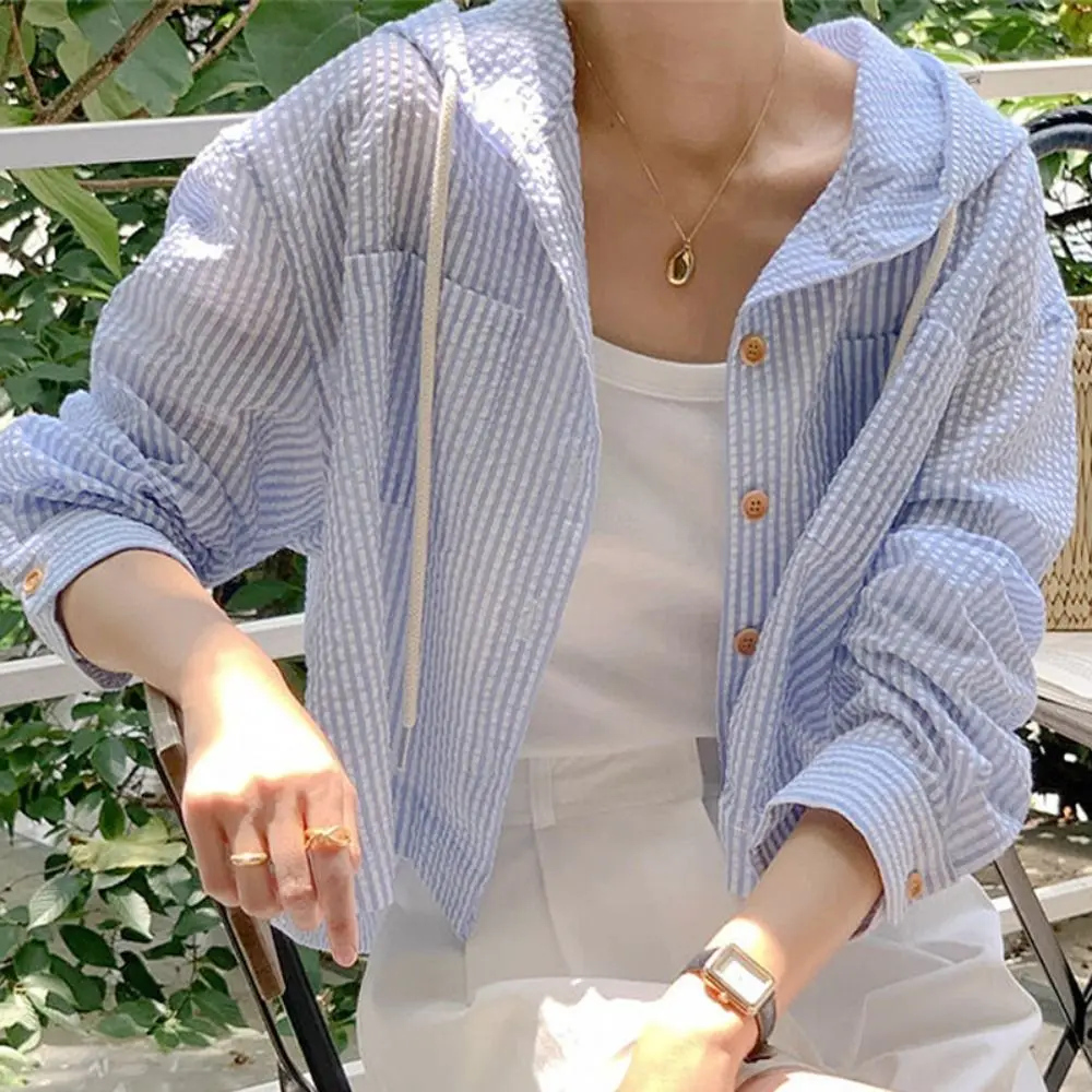 Contrast Color Striped Blouse Fashion Loose Single-breasted Hoodie Short Cardigan For Women Girl