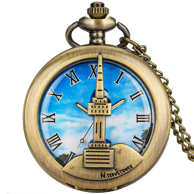 Montre de poche à quartz analogique vintage avec motif de tour N Seoul pour hommes et femmes, horloge à collectionner, pendentif collier, cadeau JOGift