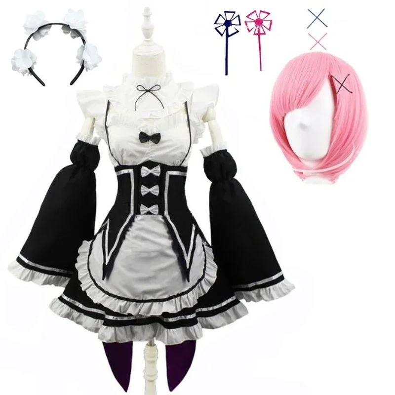 2025 NewAnime Ram Rem Lolita Maid Cosplay Vestido Re:zero Kara Hajimeru Isekai Seikatsu Halloween Costumes for Women AA