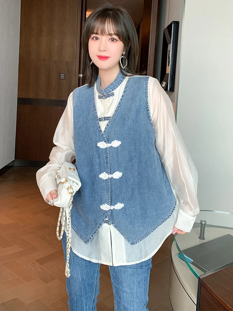 

MIUCO Women's Long Sve Denim Patchwork Button Vest irt Spring Summer New Sle Commute OL Sle Stand Collar Straight Tube