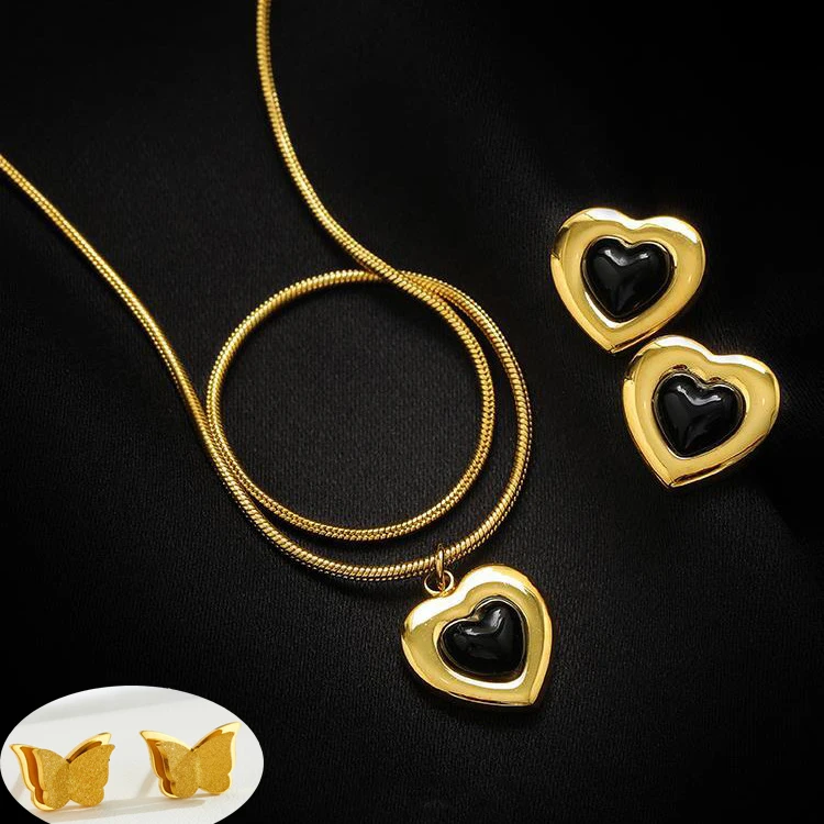 Stainless Steel Fashion Heart Peach Black Dot Necklace Earring Jewelry Set Women Gifts Birthday  Colar Feminino Luxo