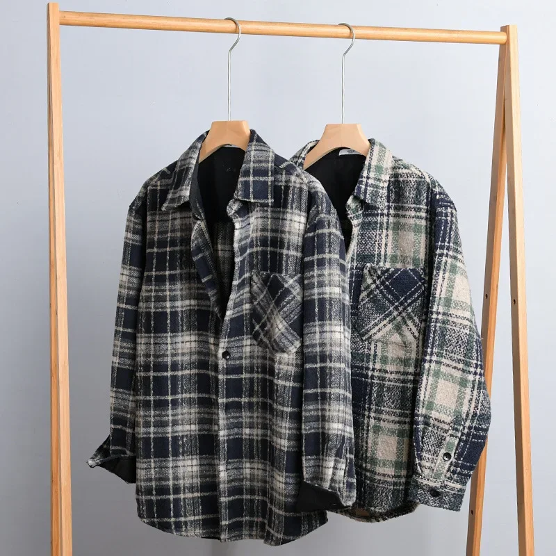 New Fall Winter Mens Shirts Daily Casual Long Sleeve Plaid Shirt Man Lapel Pocket Brushed Shirt Loose Overshirt Fashion Clothing