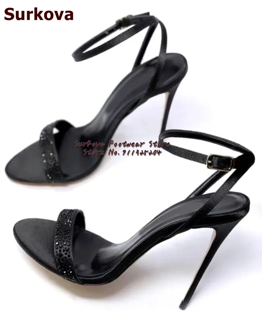 

Surkova Black Satin Cloth Glittering Crystal Sandals Thin High Heel Rhinestone Strap Buckle Wedding Shoes Sparkly Summer Pumps