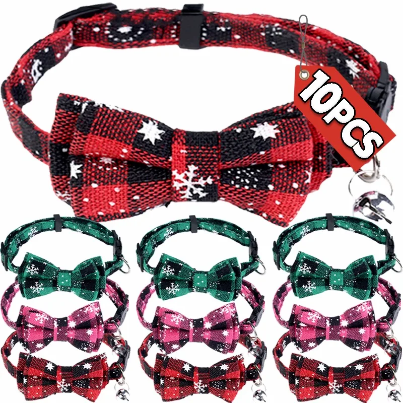 10/1PCS Pet Collar Bow Tie Breake Bowknot Tie Elastic Adjustable Dog Collar with Bell Safety Buckle Christmas Pet Necklace Leads