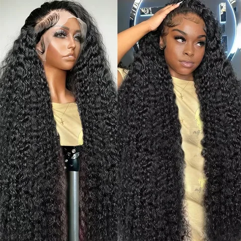 Deep Wave Wigs  Human Hair 46 Inch 13x4 13x6 HD Transparent Lace Full Frontal Human Hair Wigs Curly Wigs For Women 220% Density