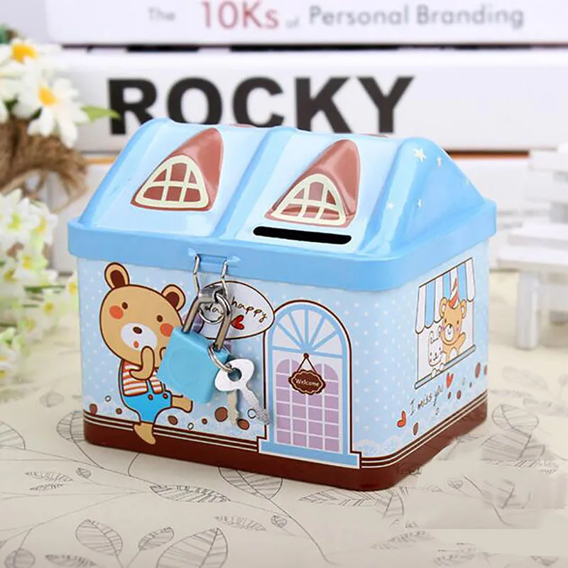 New Metal House Shape Piggy Bank Coin Safe Storage Box Child Piggy Banks Key Lock Money Box Creative Children Christmas Gift