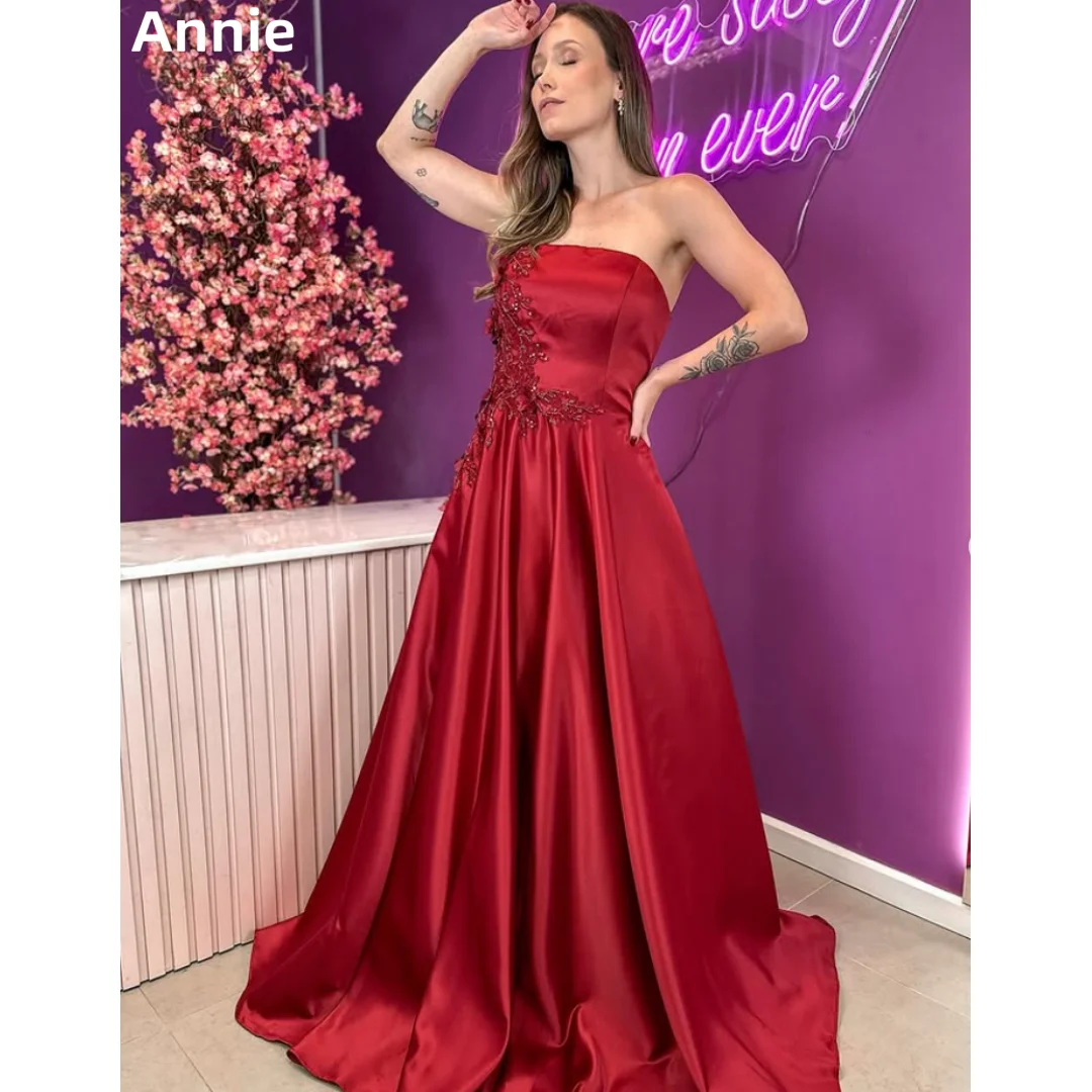 

Annie Sweet Pink Prom Dresses Gorgeous Embroidered Satin Evening Dresses Off-shoulder Women Vestidos De Fiesta Customized
