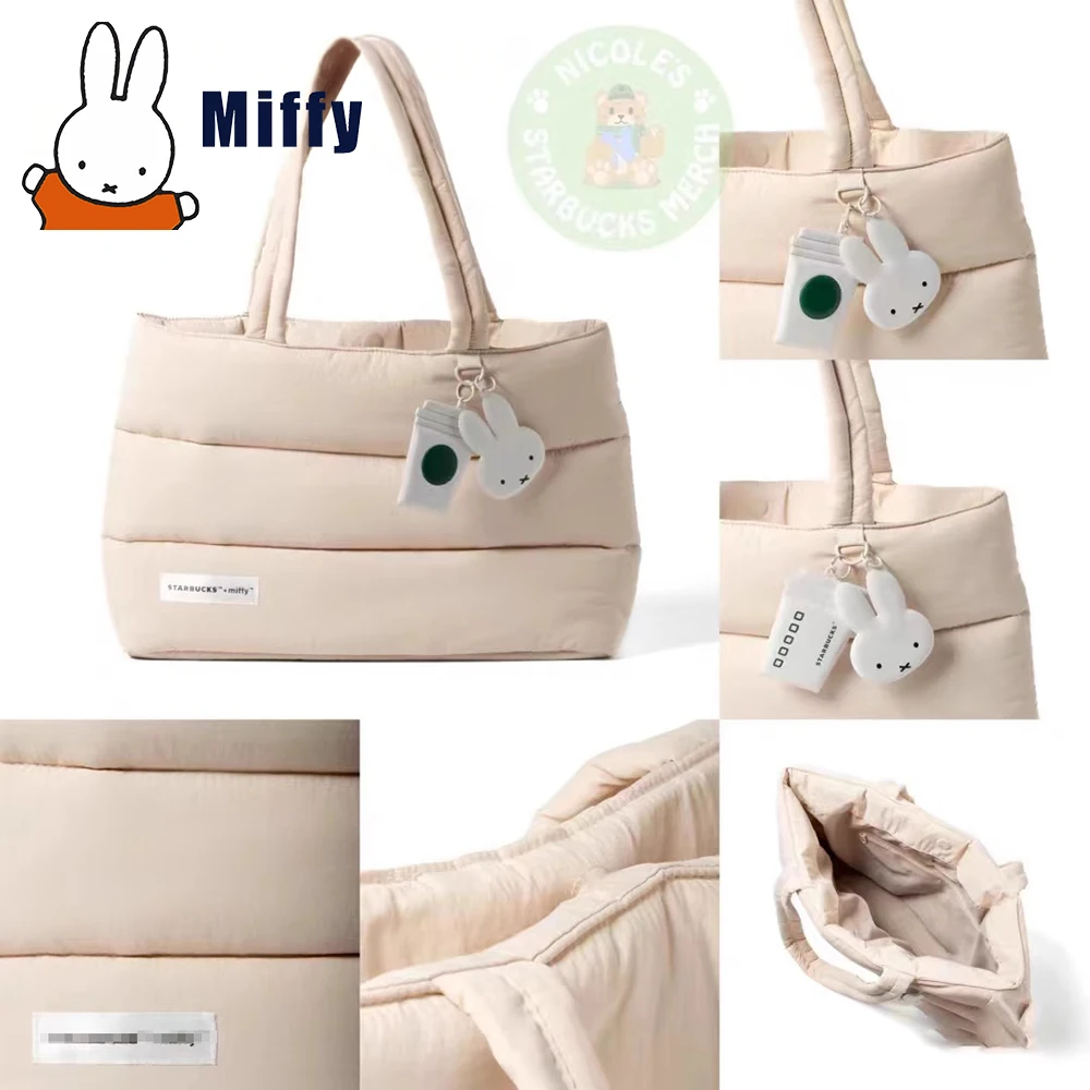 Kawaii miffy starbucks tema puffer sacola bonito coelho bolsa de ombro escola grande capacidade boneca de pelúcia decoração presente da menina