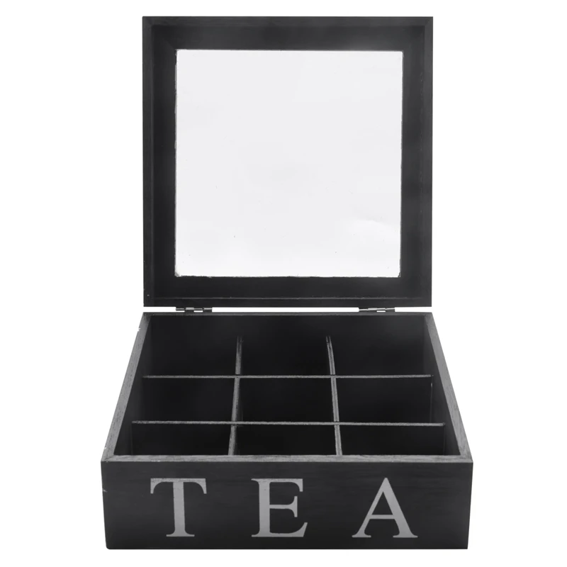 

Wooden 9 Grids Tea Box Tea Bags Container Storage Box Square Gift Box Case Transparent Top Lid Jewelry Storage Box-Black