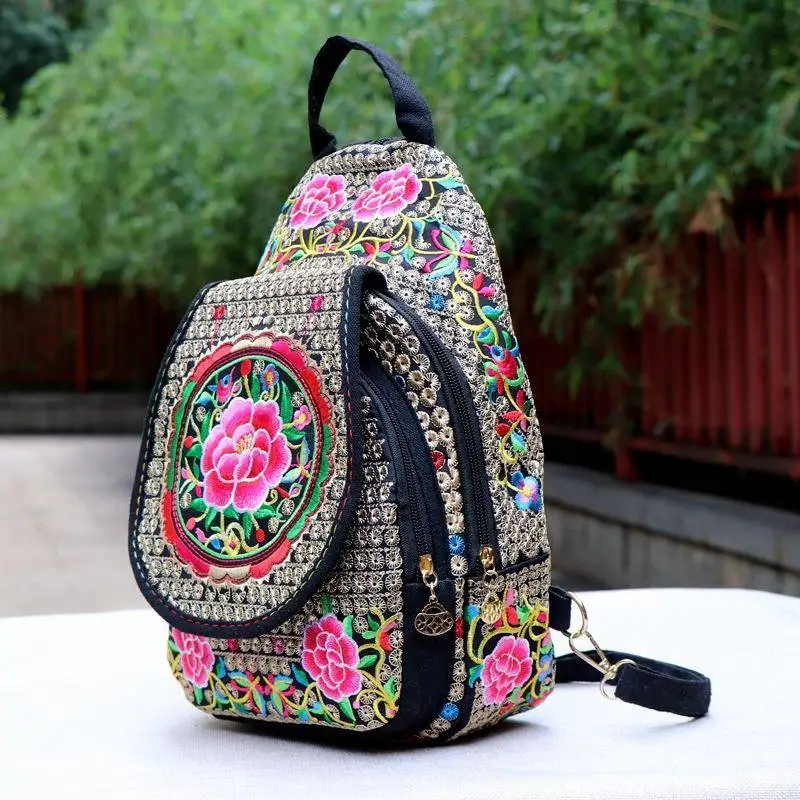 

Ethnic Style Embroidered Women's Backpack Vintage Double Shoulder Bag Floral Patterned Chest Bag for Travel And Daily Use