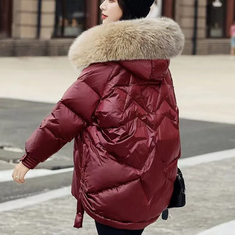 Down Cotton Jacket For Women Glossy Cotton Jacket New Winter Thicken Jacket Parka Hooded Fur collar coat