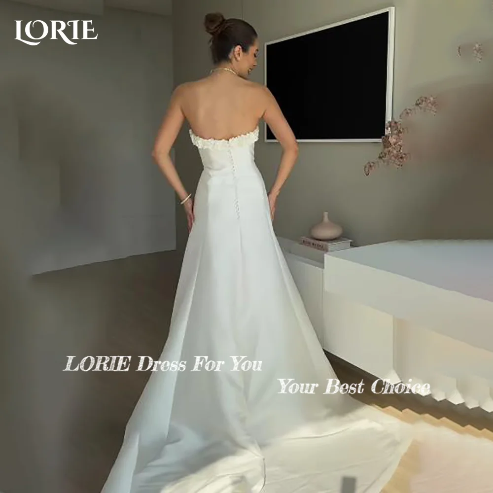 LORIE-vestido de novia de flores en 3D, vestido de novia de satén sin tirantes, personalizado, corte en A, largo hasta el suelo, vestido de novia con botones, vestido saudí de Dubái