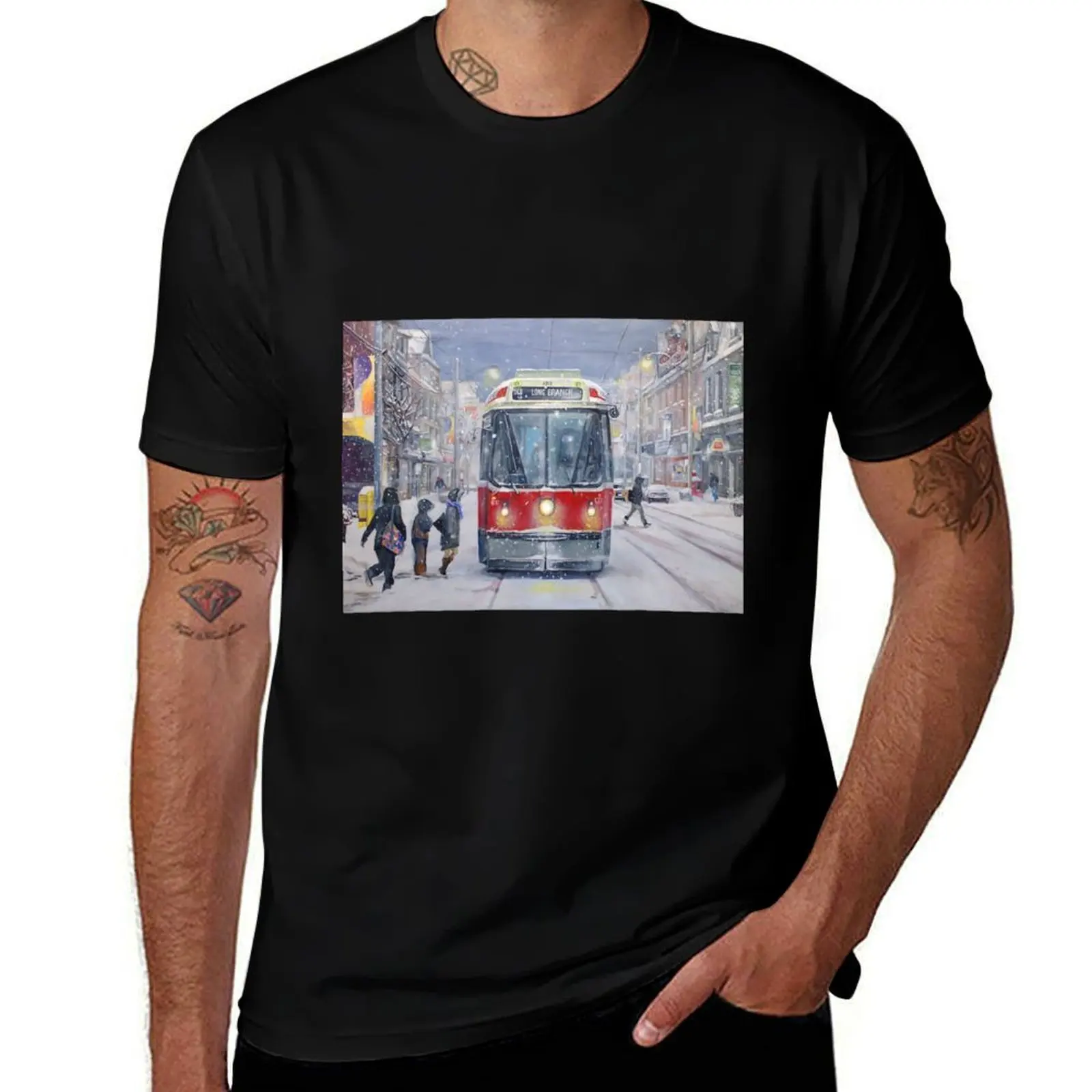 Queen West bound Streetcar, first snowfall T-Shirt Basic Simple Casual Short Sleeve Tee T-Shirt