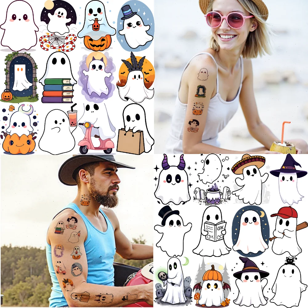 63pcs Temporary Tattoo Halloween Stickers Cartoon Ghost Stickers Waterproof Long-lasting Body Stickers For Arms Cheeks Boys