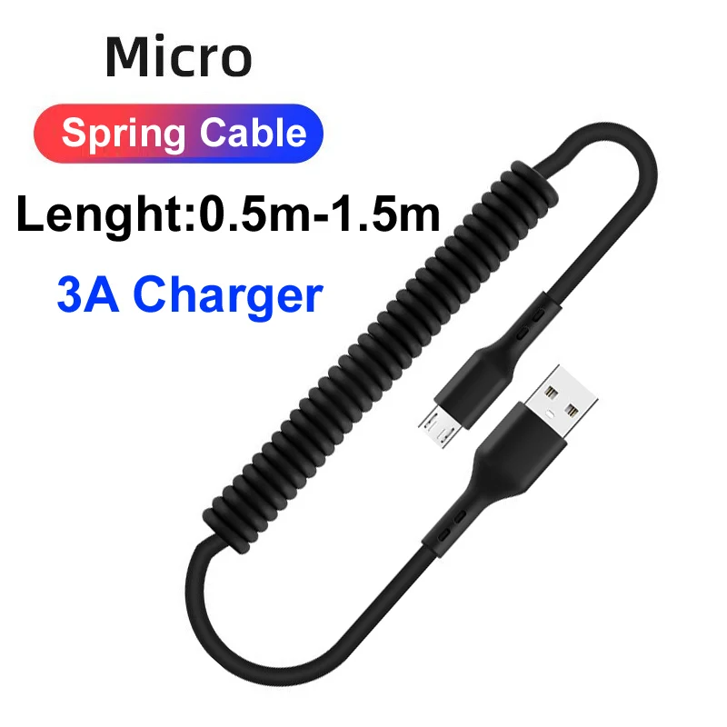 3A USB-A MICRO Flexible Spring Pull Retractable Telescopic Fast Charging DATA Sync Cable For Mobil Phone Auto Car Speaker etc.