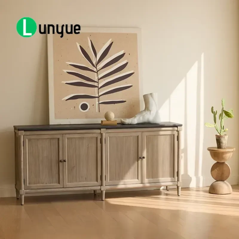 French Retro Style Grasse Gray Solid Elm Wood 4 Door Cabinet Living Room Storage Furniture Vintage Home Decor