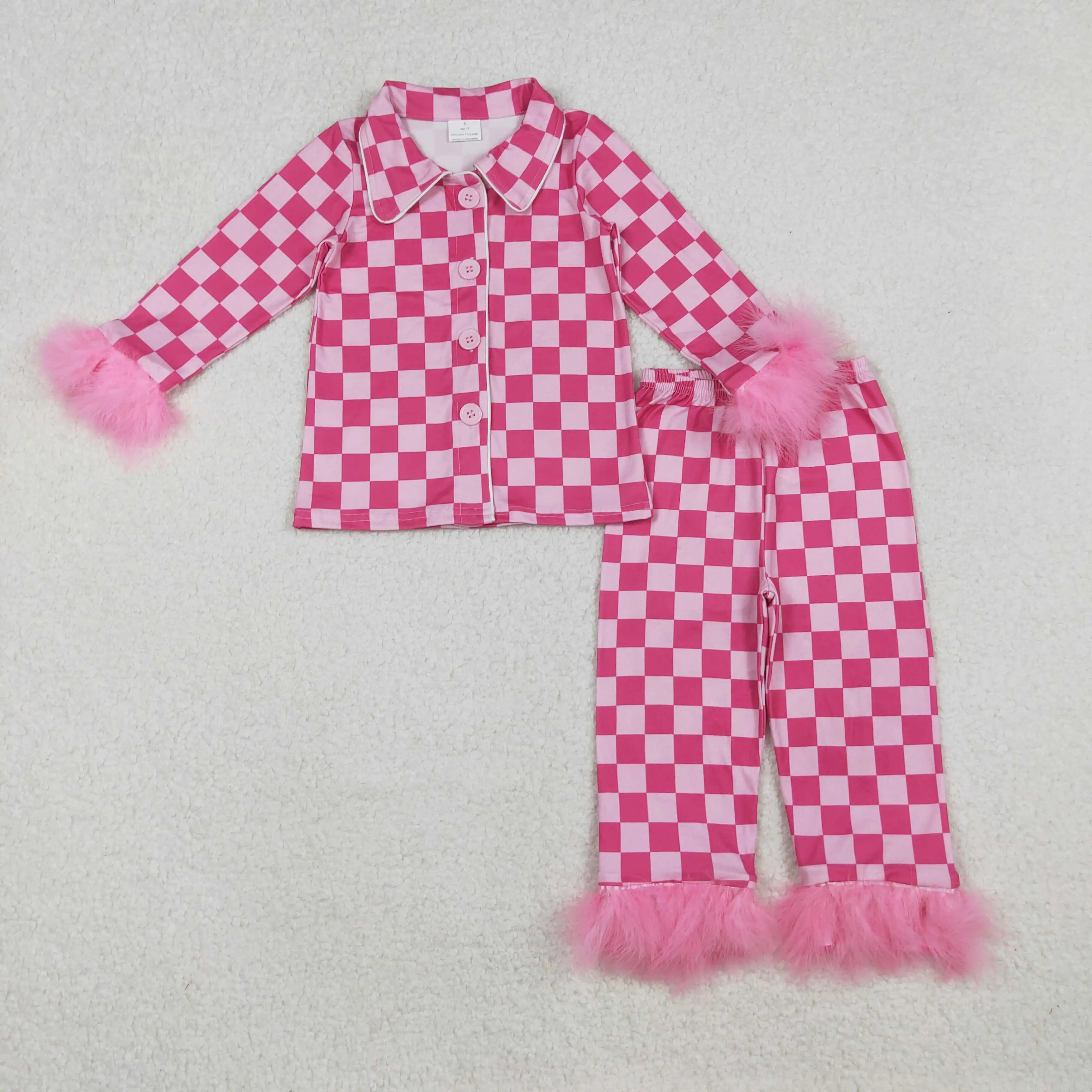 

Baby Girls Dark Pink Plaid Fur Pajamas Set with Buttons Top And Pants Ruffle Detail Kids Button down Sleepwear