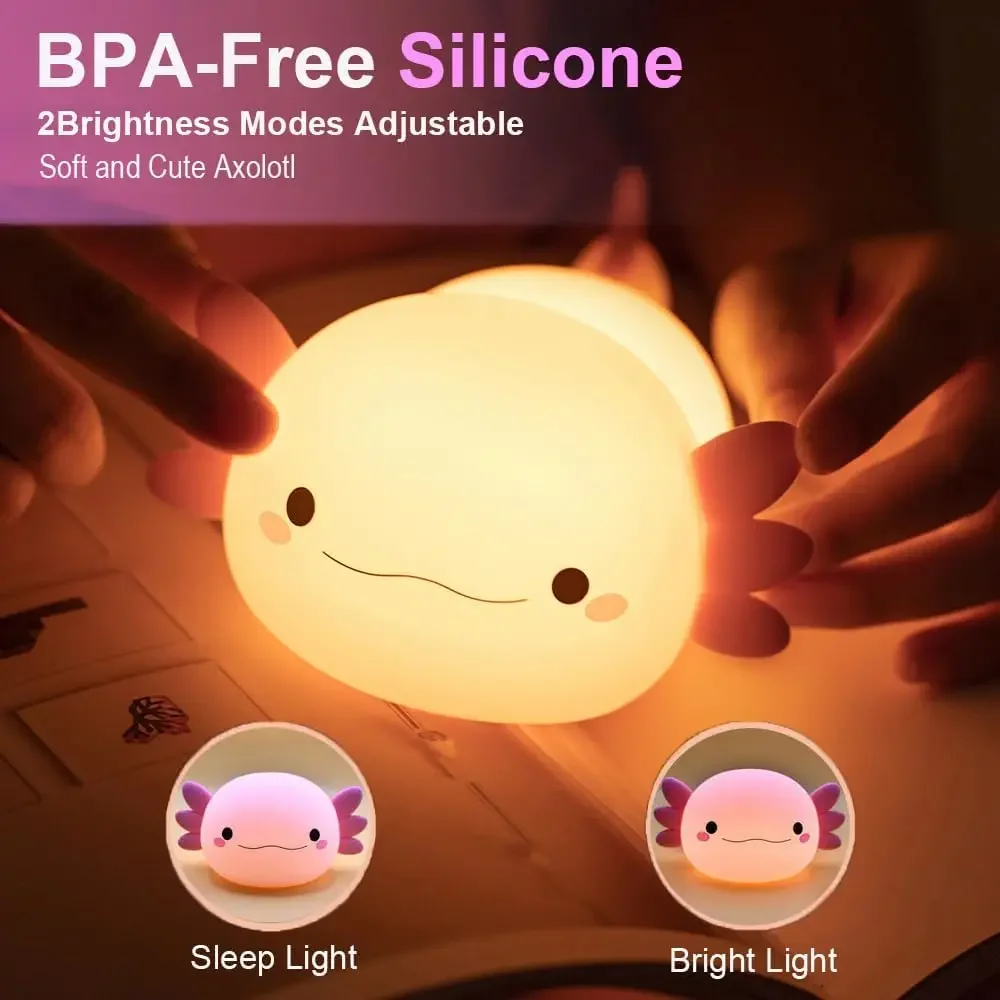 Pink Axolotl Night Light Silicone Nursery Sleeping Lamp Touch Control LED Nightlights USB Rechargeable Table Lamp for Baby Child