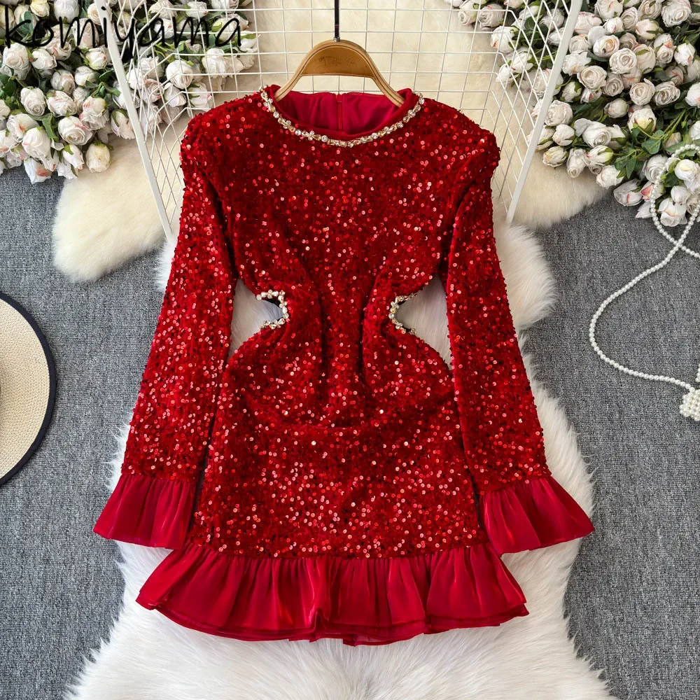 Diamonds Sequined Vestidos Bodycon Party Dress Ruffles Hem Vestido O-neck Long Sleeve Dresses Spring 2025 New Ropa Mujer