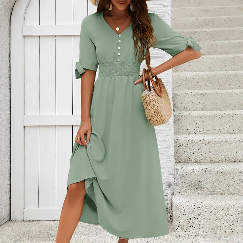 

Elegant V-neck Long Skirt 2025 Summer New European and American Fashion Solid Color Commuting Waist Dress